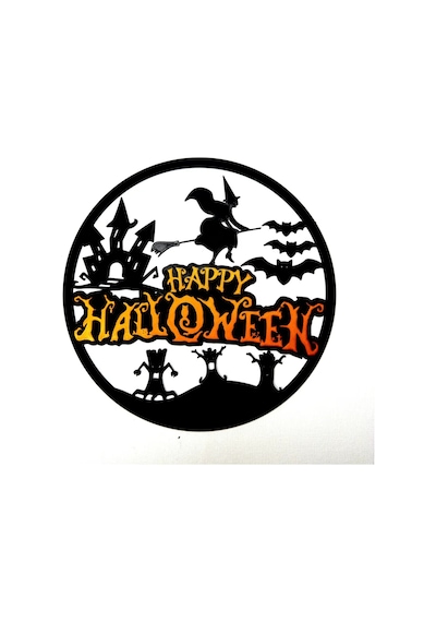 3d Baskı Happy Halloween Yuvarlak Duvar Panosu Cadı Şato Yarasa Silüetli Kapı Süsü Duvar Dekoru Siyah Çok Renkli