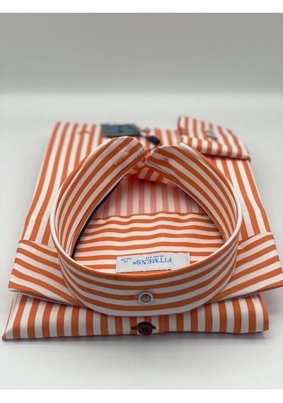 Slim Fit Uzun Kol Likralı Çizgili Yaka Düğmeli Hediye Kutulu Erkek Gömlek Fs-003669 - Turuncu-2433