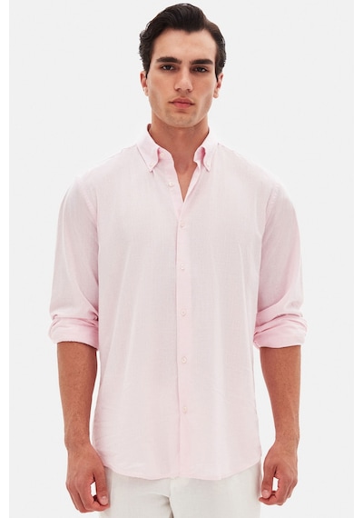 D'S Damat Ds Damat Comfort Pembe Düğmeli Yaka Rahat Kesim Keten Görünümlü %100 Pamuk Gömlek 2hc02ort64265 Pembe