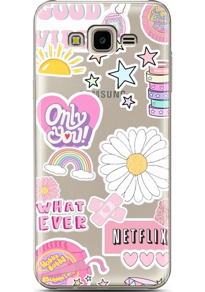 Samsung Uyumlu J7 Core Pink Sticker Tasarımlı Süper Şeffaf Telefon Kılıfı Çok Renkli