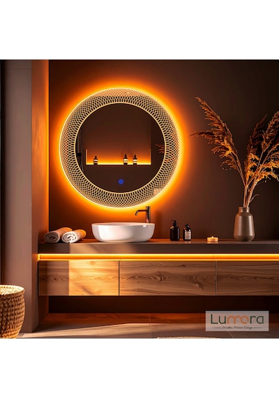 Zenith Amber Led'li Lazer Kumlamalı Lavabo & Banyo Aynası Dokunmatik Sensörlü 90 X 90 Turuncu
