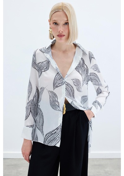 Sateen Arkası Uzun Desenli Gömlek - Ekru-136236 Ekru