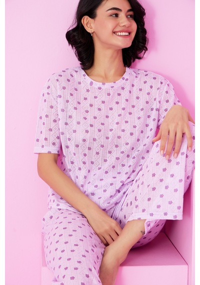 Siyah İnci Pointel Ajurlu/delikli Bisiklet Yaka Örme Pijama Takım Lila