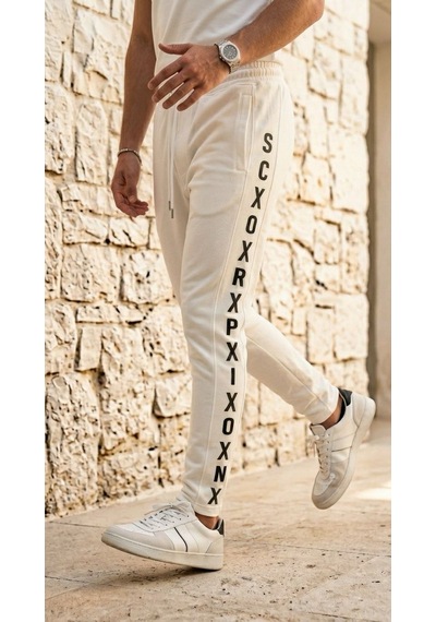 Plus Scorpion Erkek Slim Fit Eşofman Altı Yazılı Şerit Detaylı, Dar Paça Jogger Pantolon Beyaz