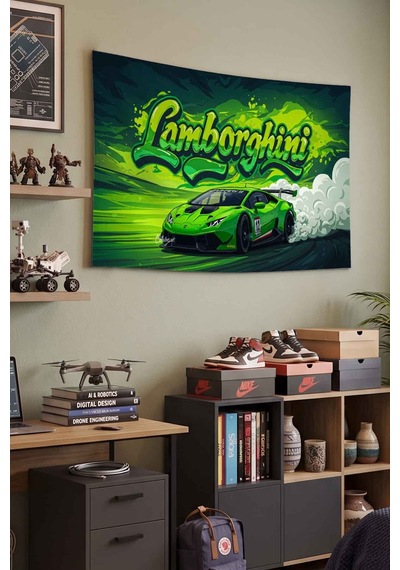 Lamborghini Yeşil Spor Araba Graffiti Drift Dekoratif Duvar Örtüsü Duvar Halısı Beyaz