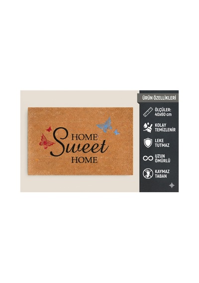 Coco Cc024a Home Sweet Home Desenli Kalın Kaymaz Taban Nem Alıcı Şık Tasarım Kapı Önü Paspası 45x75 Cm Bej