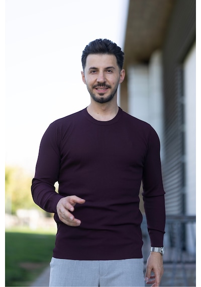 Hk Premium Erkek Fitilli Slim Fit Bisiklet Yaka Triko Kazak Bordo