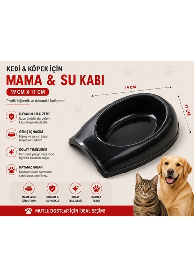 Kedi Köpek Mama Ve Su Kabı 19x11 Cm Oval Kaymaz Tabanlı - Siyah