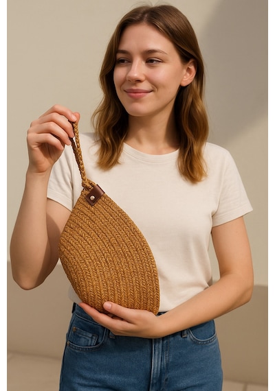 Adelina Bags Kadın Hasır El Askılı Portföy Clutch El Çantası Vizon