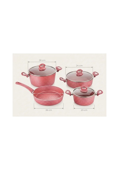 7 Parça Premium Granit Tencere Seti 26 Cm Yapışmaz Tencere Tava Seti Cam Kapaklı Bpa Free Pembe
