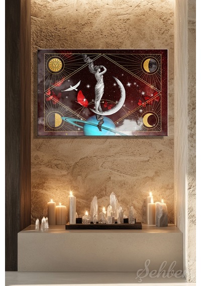 Yatay Kanvas Tablo Tekli Ev Kafe Ofis Göklerin Dansı Gökyüzü Temalı Vintage Astroloji Kolajı 2936