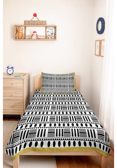 Siyah Beyaz Geometrik Modern Pike Takımı - Etnik Minimal Hardal 160x220 Cm Mevsimlik Yatak Örtüsü Haki