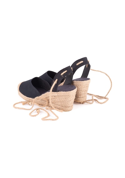 Star Tombis Gerçek Elişi Bilekten Bağcıklı Topuğu Açık Dolgu Topuk Keten Hasır Kadın Espadril Handmade Siyah