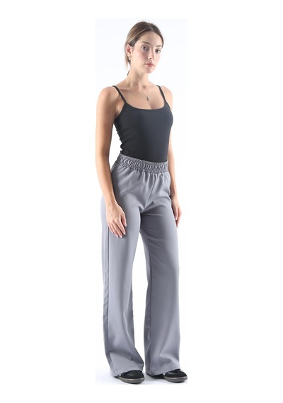 Dokuma Gri Geniş Paça Beli Lastikli Basic Uzun Kadın Pantolon Sh191 S