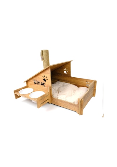 Ahşap Kedi Evi - Mama Kabı-özel Isim Baskılı-meşe Mdf- Beyaz Seramik Kase 2 400ml- Tırmalama Çubuklu