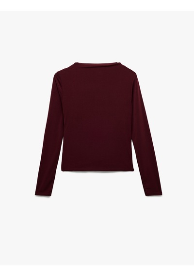 Koton Drape Detaylı Dar Kesim Uzun Kollu Tişört Bordo 6wal10251ık Bordo