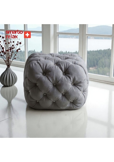 Smarto Relax Swiss Style Puf Zinal Ayaksız Kapitoneli Kare 45x45 Cm Baby Face Dekoratif Kapitoneli Dekoratif Puf Gri