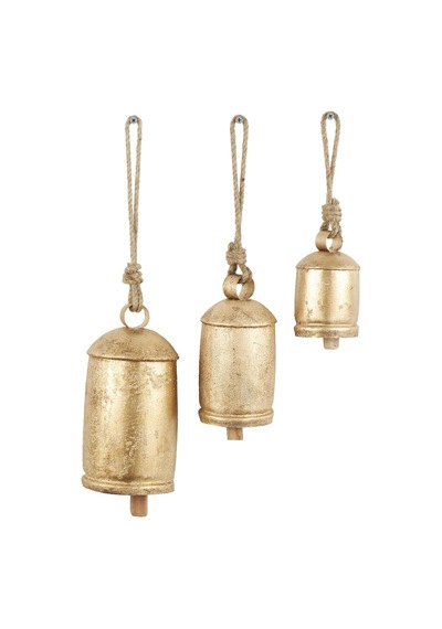 Dekoratif Metal İnek Çanı, Tibet Esintili, Meditasyon, Asmak İçin Jüt Halatlı, 3 Adet, 25,4 Cm, 20,3 Cm, 15,2 Cm Yüksekliğinde, Altın Rengi