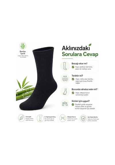Bambu Diyabet Çorabı Lastiksiz Dikişsiz Burun Siyah Uzun Konç Hassas Ayaklar İçin