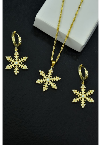 Papatya Silver 925 Ayar Gümüş Gold Kaplama Singapur Zincir Opal Kar Tanesi Kadın Kolye ve Küpe Set
