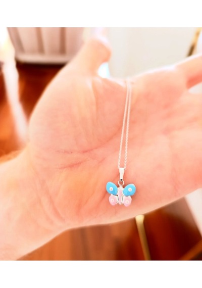 Oriental Kuyumculuk Jewellery Pembe Mineli Kelebek Gumus Kolye Pembe