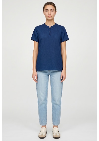 Sementa Rahat Kalıp Kısa Kol Tencel Gömlek Bluz - Indigo