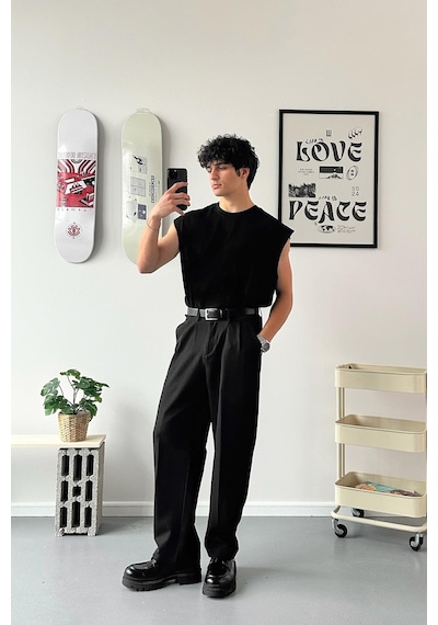 Flaw Atelier Old Money Extra Rahat Baggy Fit Kumaş Pantolon Siyah Siyah