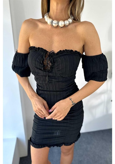 Fashion Cocktail Düşük Omuz Minik Kol Göğüs Korseli Drapeli Süper Esnek Doğal Kumaş Pedli Kokteyl Tüp Elbise Siyah Fashion Cocktail Düşük Omuz Minik Kol Göğüs Korseli Drapeli Süper Esnek Doğal Kumaş Pedli Kokteyl Tüp Elbise Siyah