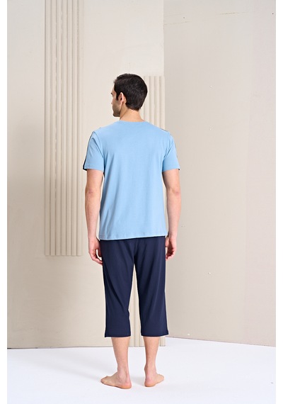Over Sleep By Poleren Erkek Pijama Takımı Kapri & Bermuda Kısa Kol Açık Mavi