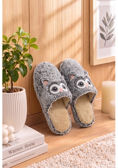 Stwenn Kadın Baykuş Figürlü Peluş Ev Terliği Kapalı Burun Açık Topuklu Peluş İç Tabanlı Kışlık Rahat Panduf Gri