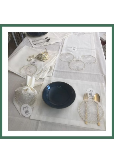 En-cag Sofra Takımı Planet Gardenya Keten Yemek Takımı 160x260 Masa Seti 26 Parça Runner Set Krem Bss