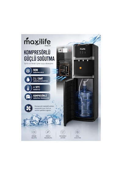 Maxilife PS-SLR-818 Aqua Kompresörlü Alttan Damacanalı Çocuk Kilitli Sıcak Soğuk Normal Su Sebili Siyah