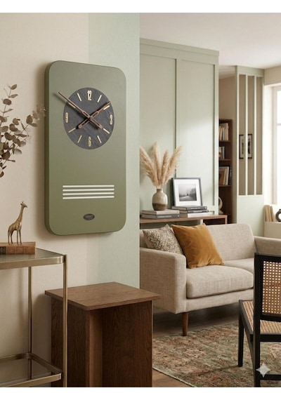 Denver Dekoratif Ahşap Duvar Saati Modern Minimal Salon Ofis İçin Ultra Sessiz Mekanizma Büyük Boy 34x55 Cm Haki