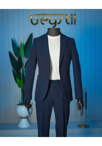 Bys Beystil Lacivert Spor Casual Çizgili Takım Elbise Parodi -slim Fit