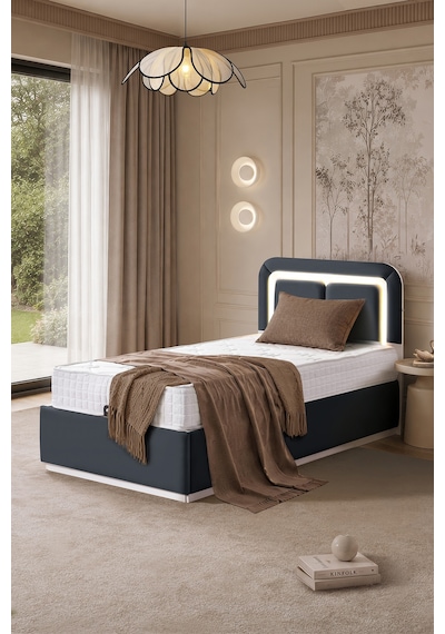 Demonte Baza Seti, Nox Ledli Tek Kişilik Baza Başlık Maxi Yatak Seti, Antrasit - 100x200 Cm 100 x 200