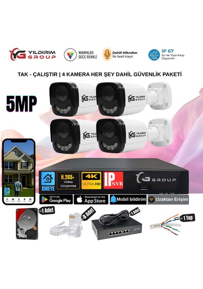 4 Kameralı Sesli 5mp Ip-gece Renkli Araç Ve Yüz Tanımalı Kamera Sistemi-hazır Kamera Seti