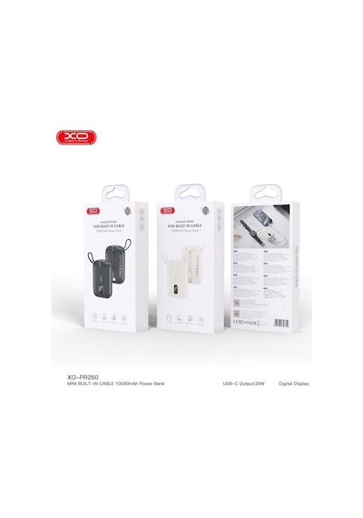 10000mah 20w Pd Hızlı Şarjlı Ve Dahili Type-c Kablolu Dijital Ekranlı Taşınabilir Powerbank Siyah