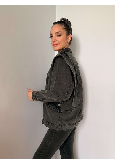 Antrasit Omuz Detaylı Tasarım Denim Ceket Antrasit