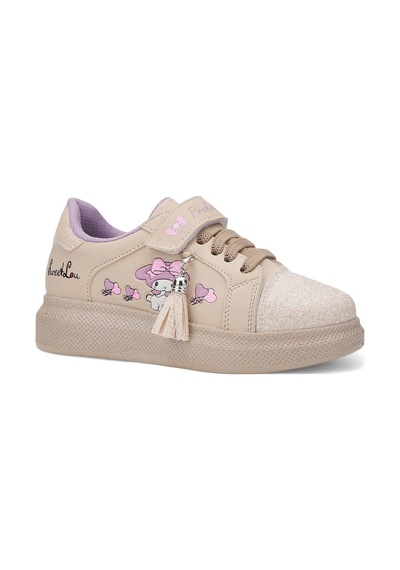 Günlük Kız Çocuk Sneaker Püskül Detaylı Oval Simli Burun Lastik Bağcıklı Cırtlı Spor Ayakkabı 3740 Bej