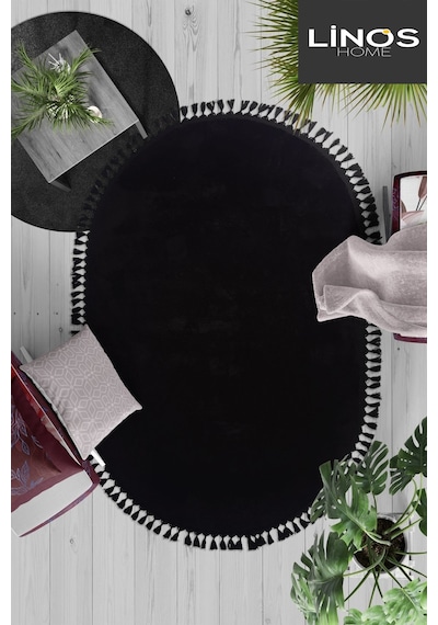 Siyah Fluffy Oval Düğüm Saçaklı Post Peluş Halı Kaymaz Taban