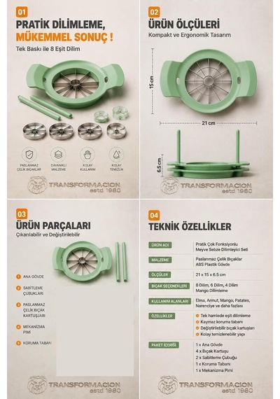 Pratik Çok Fonksiyonlu Meyve Sebze Dilimleyici Seti - Paslanmaz Çelik Değiştirilebilir Bıçaklı Elma Patates Mango Genel