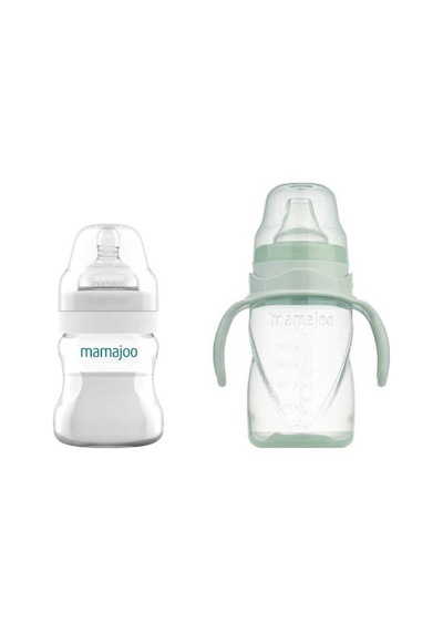 Mamajoo Antikolik Biberon 150 ml & Antikolik Akıtmaz Alıştırma Bardağı 270 ml – Powder Green