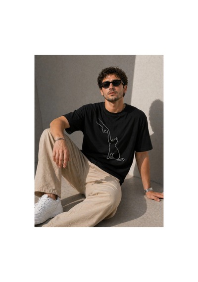 Butik İstanbul Erkek Minimal Kedi Çizim Baskılı Tişört Kısa Kol Yazlık T-shirt - Siyah