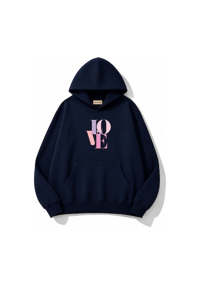 Herkesemoda Love Baskılı Kapüşonlu 2 İplik Şardonlu Sweatshirt Lacivert