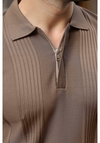 Madmext Açık Kahve Polo Yaka Slim Fit Erkek Triko Kazak E7527 Açık Kahverengi