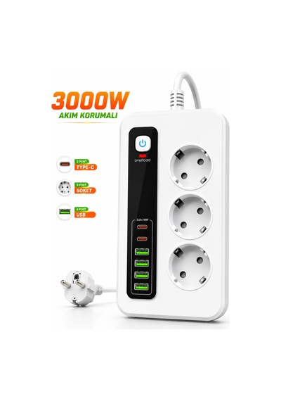 3000w Akıllı 3'lü Priz Usb' Li Uzatma Kablo - 4 Usb + 2 Type-c Hızlı Şarj 2 Mt Uzatma Kablo 2 - 5 M