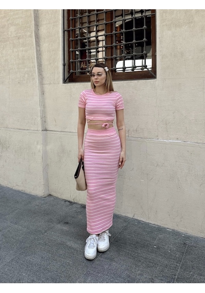 Kazax Çizgili Etekli Takım Pembe S3609 Pembe