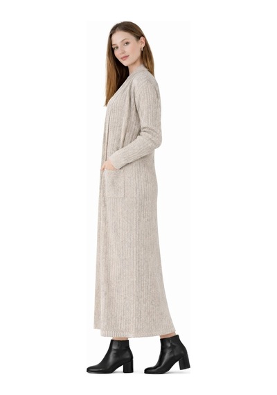 Onno Style Women Standart Beden Uzun Triko Fitilli Kadın Ceket Bej