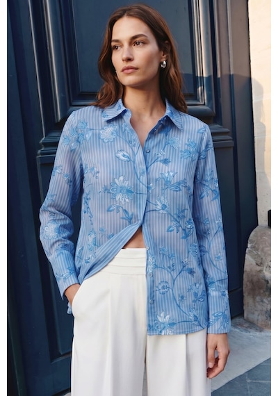 Sateen Çizgi Ve Çiçek Desenli Gömlek - Mavi-137460