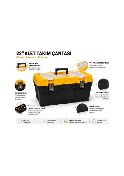 22 İnç Büyük Metal Kilitli Takım Çantası, Organizerli El Aleti Sandığı, Tornavida Pense Matkap Aksesuarı Düz Genel